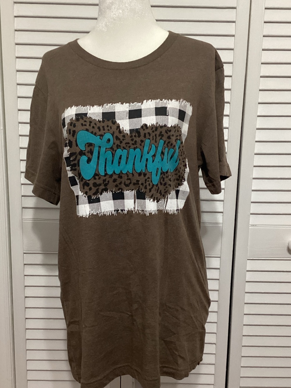 Bella Canvas Brown Tee with Teal "Thankful" Script and Buffalo Plaid
